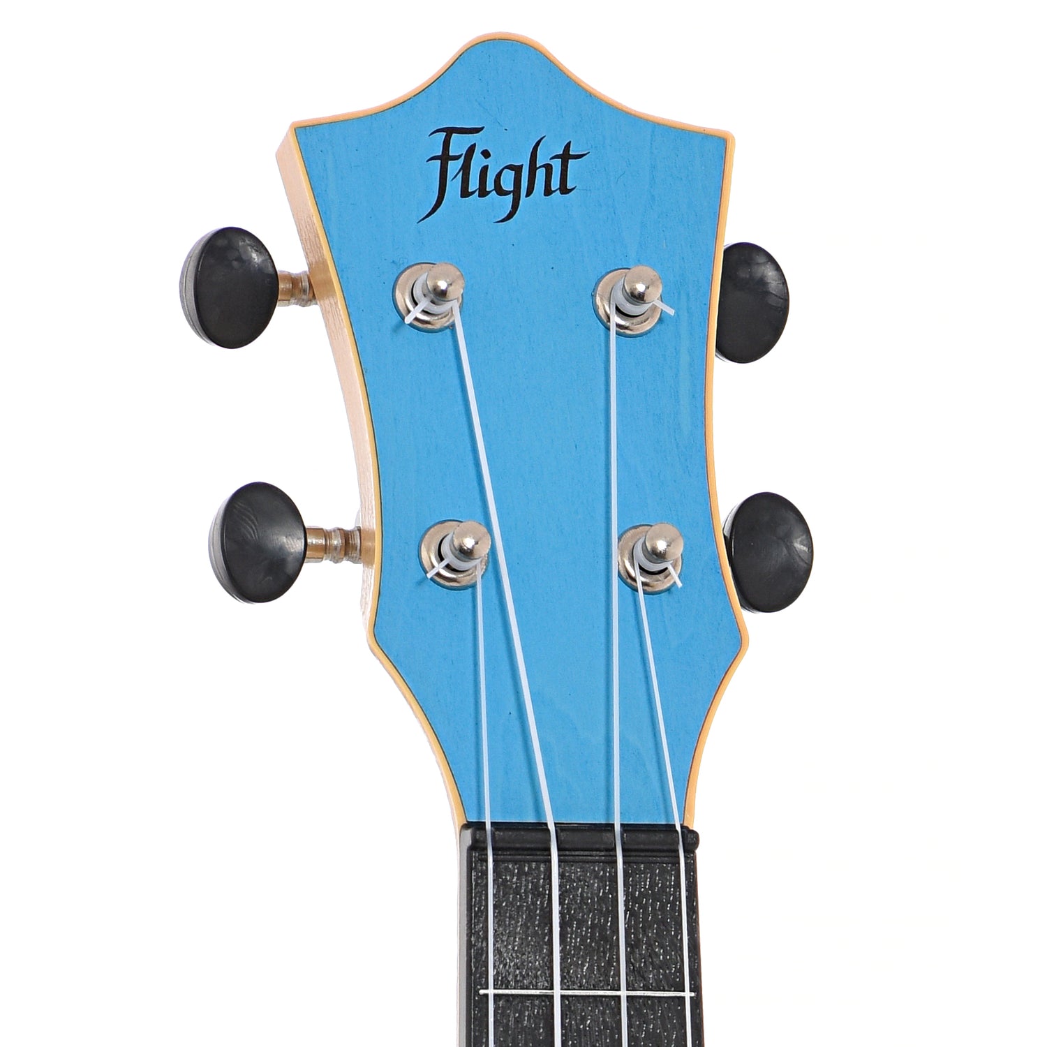 Front headstock of Flight TUS35 Travel Series Soprano Ukulele, Light Blue