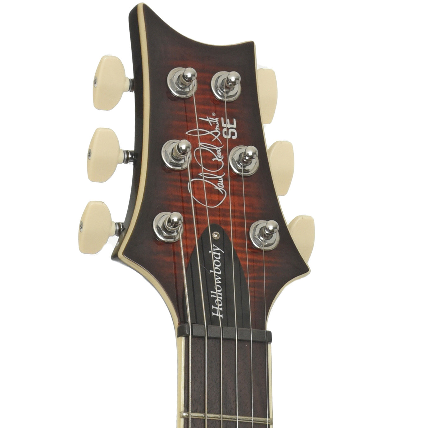 Headstock of PRS SE Hollowbody I Piezo Electric Guitar, Orange Tiger Smokeburst  