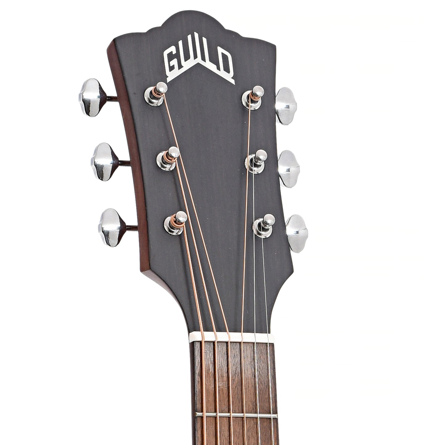 Front headstock of Guild OM-250E Limited Archback Natural Acoustic Guitar