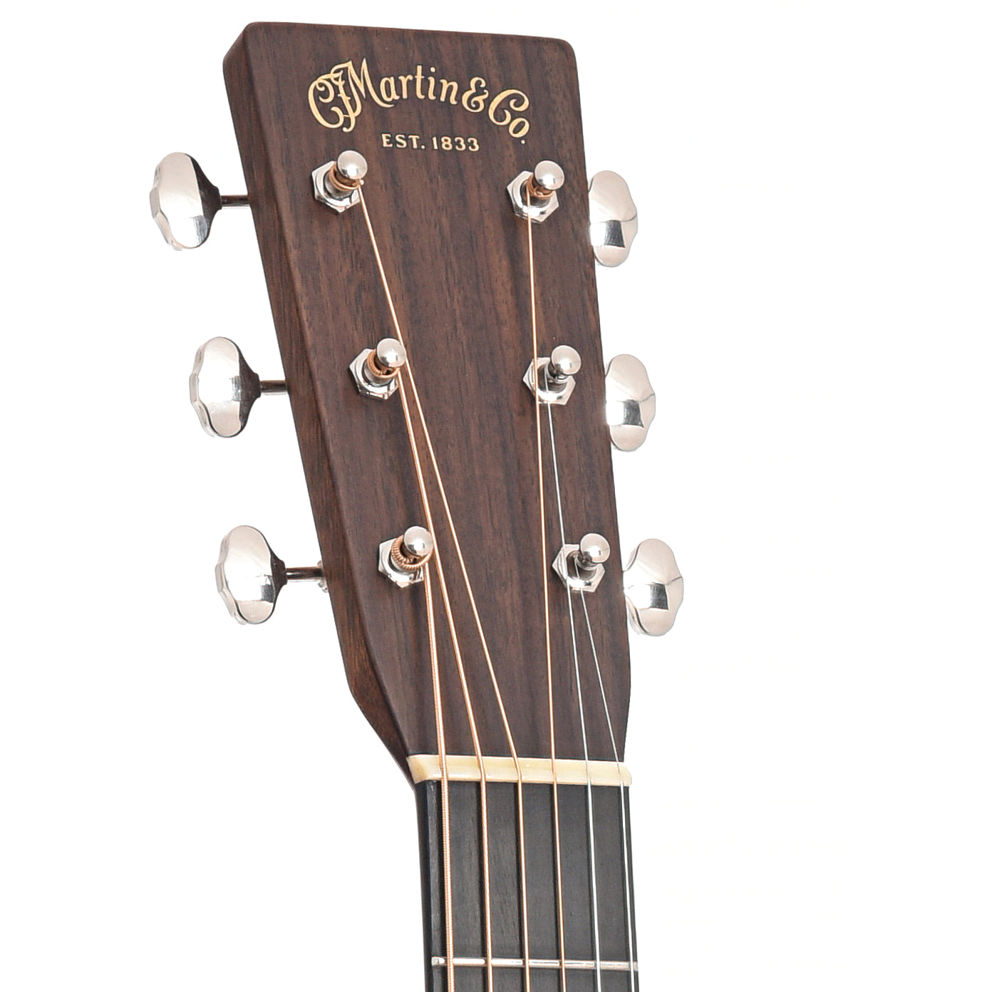 Headstock of Martin Custom Herringbone 28-Style OM Guitar & Case, Thinner Adirondack Top