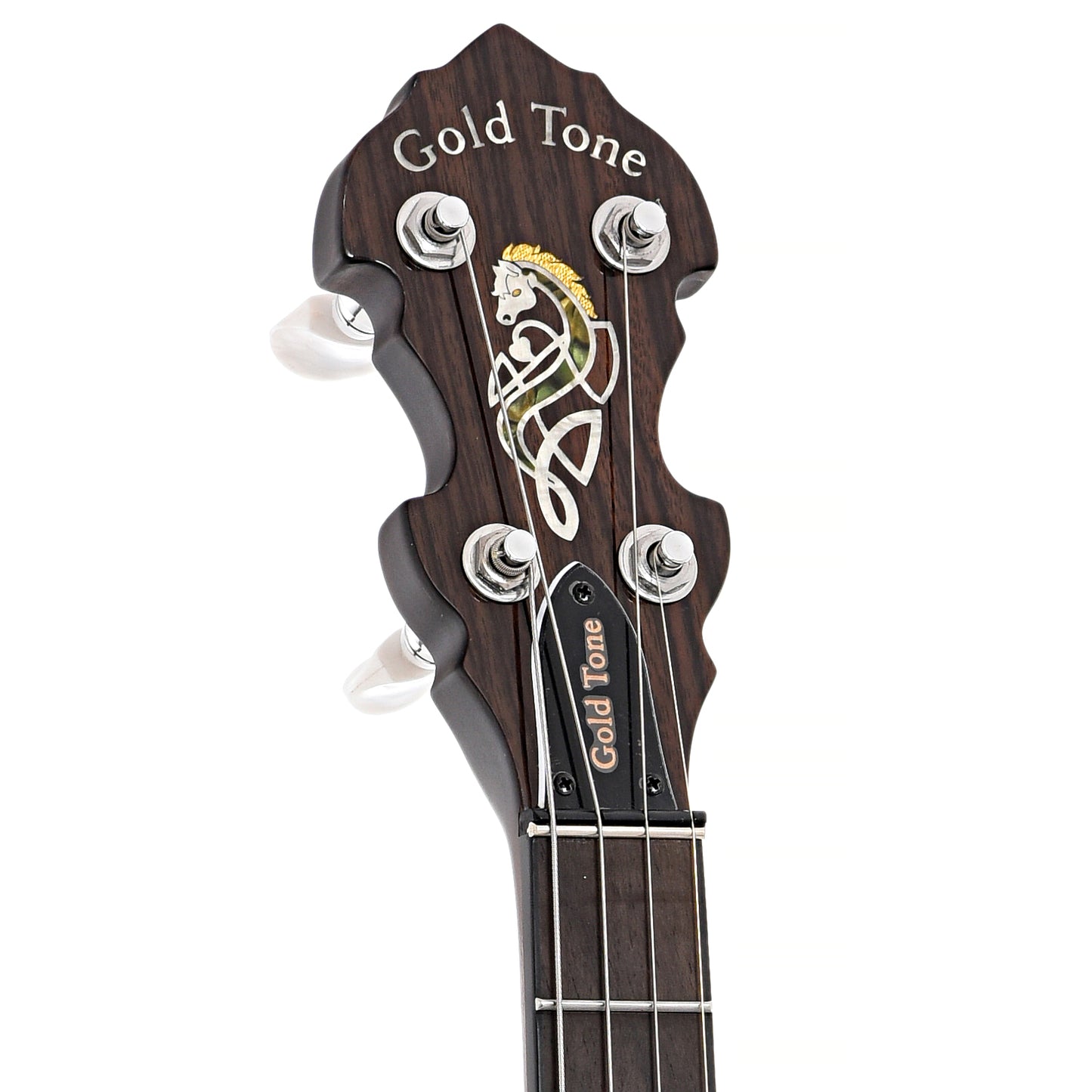 Front headstock of Gold Tone Tenor Banjo & Gigbag, 12" Rim, 17 Frets