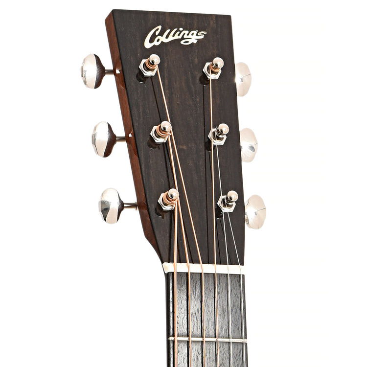 Front headstock of Collings D1T Traditional Series Dreadnought Acoustic Guitar, Baked Adirondack Top, Sunburst