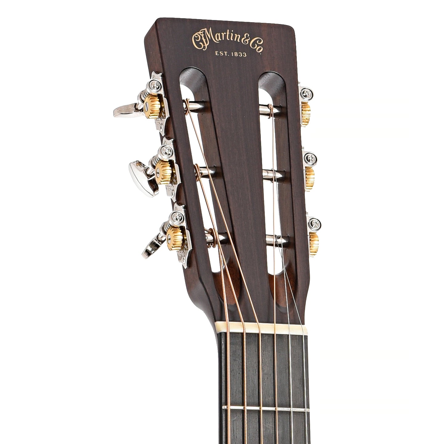 Front headstock of Martin Custom 000 12-Fret Guitar All Flame Mahogany