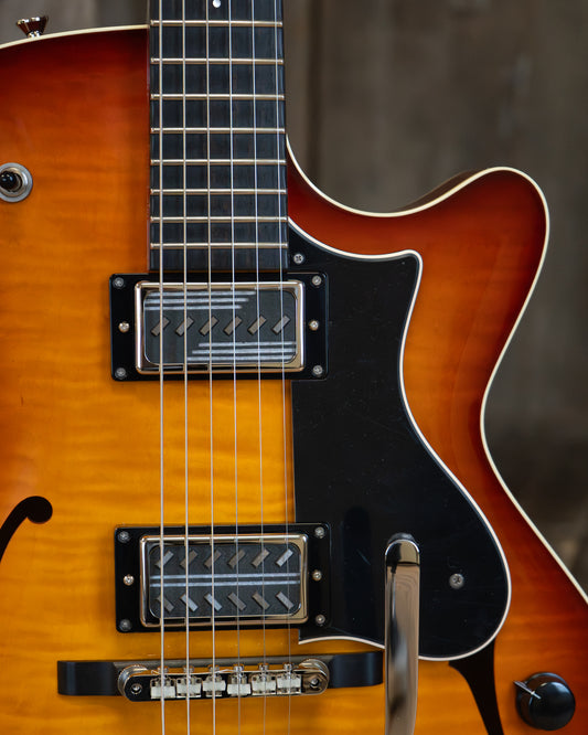 Showroom photo of Collings 620 SM LC Hollowbody Electric Guitar& Case, Dark Cherry Sunburst