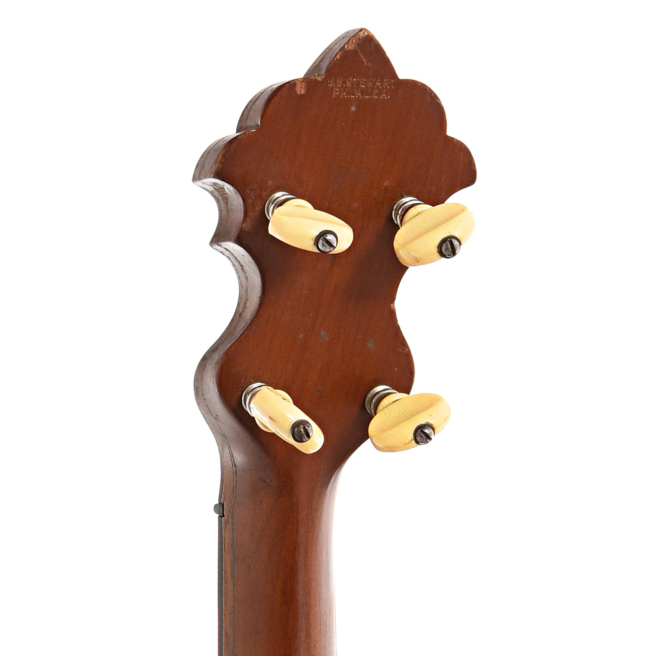 BAck headstock of S.S. Stewart Special Thoroughbred Open Back Banjo (c.1890)