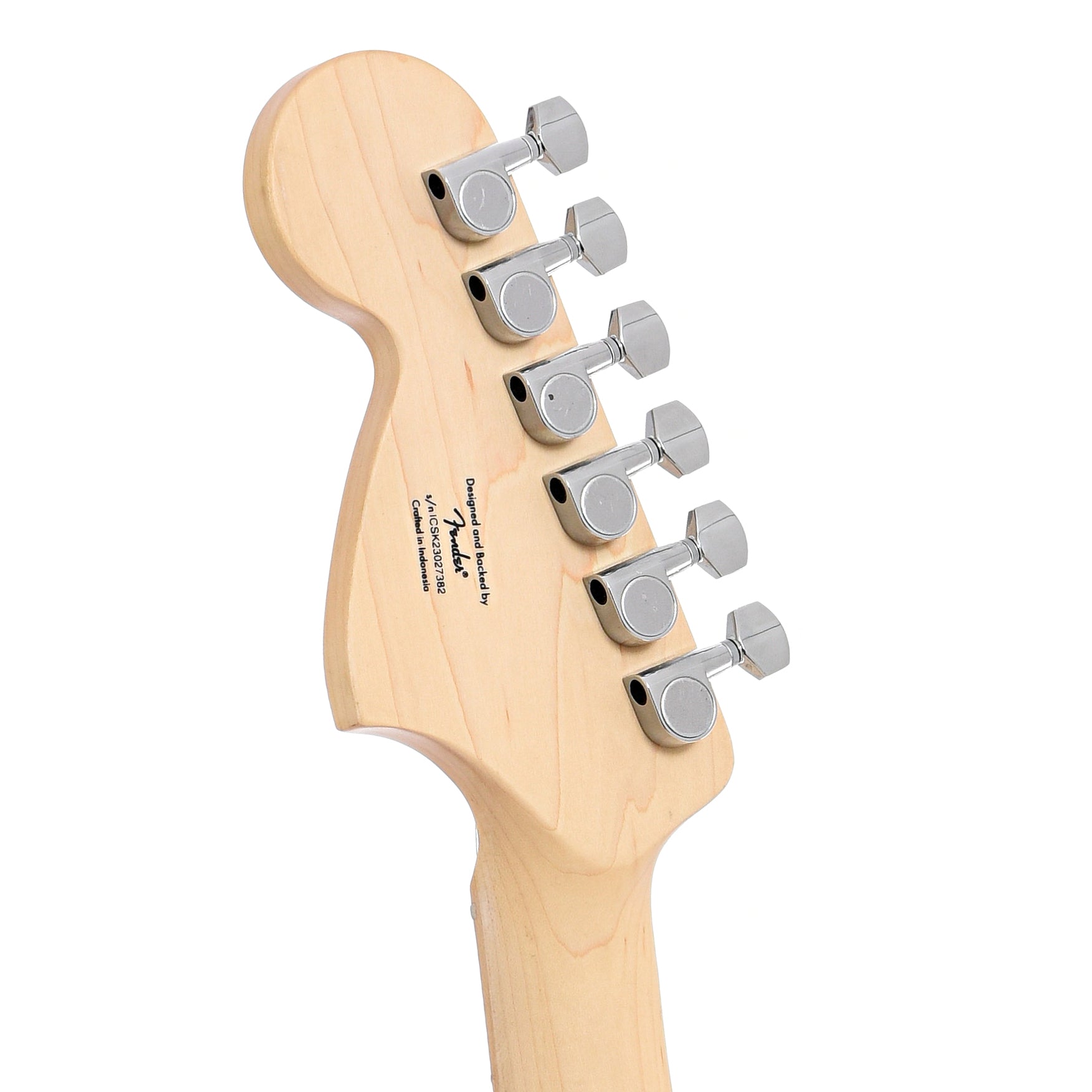 Back headstock of Squier Affinity Series Stratocaster HSS, Lake Placid Blue