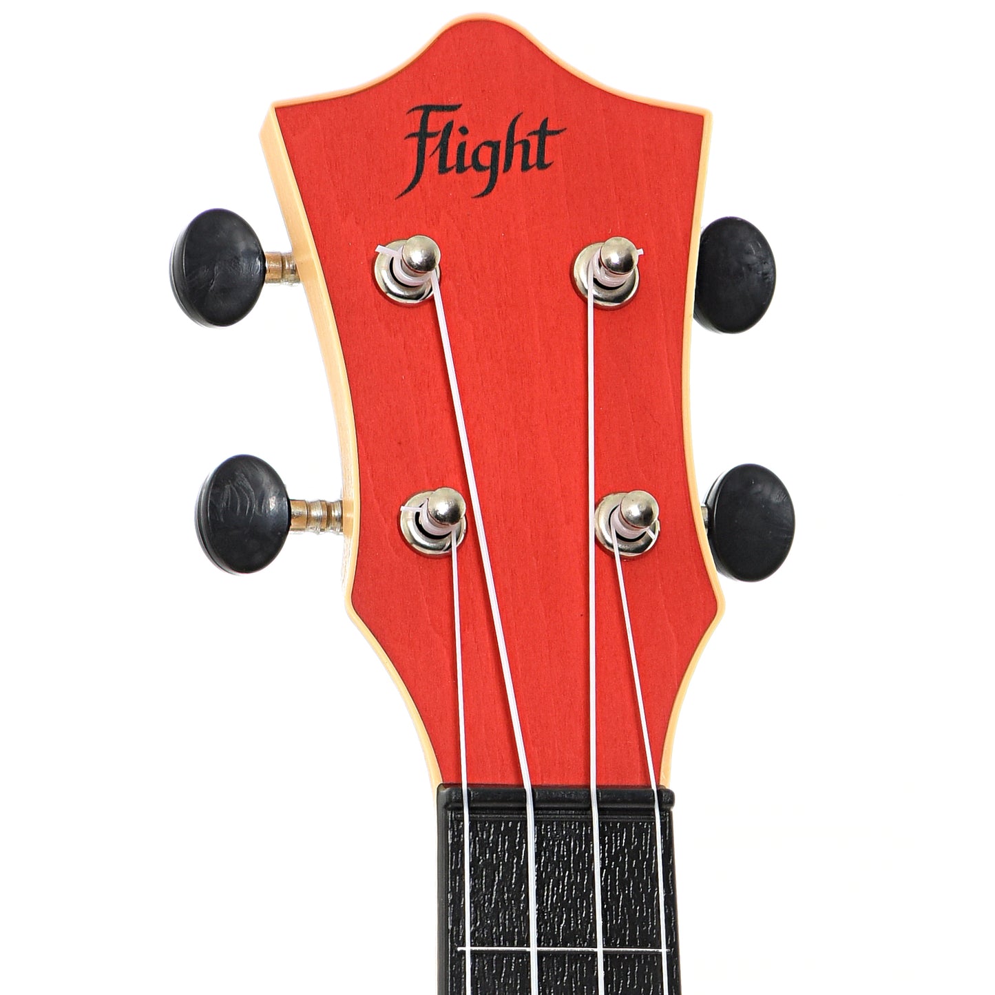 Front headstock of Flight TUS35 Travel Series Soprano Ukulele, Red