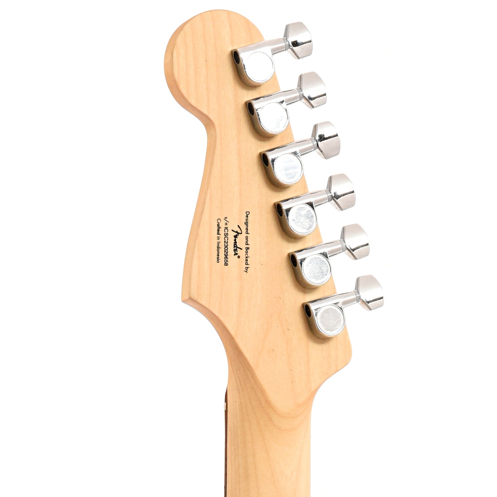 Back headstock of Squier Sonic Stratocaster, California Blue