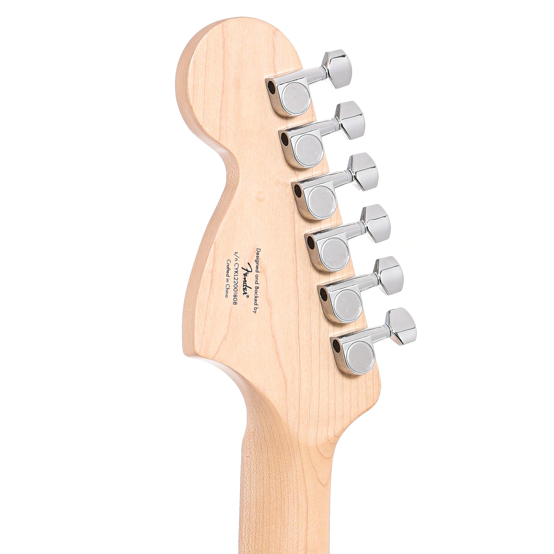 Back headstock of Squier Affinity Series Stratocaster, Lake Placid Blue