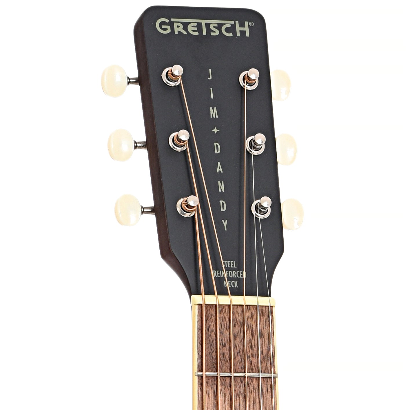 Front headstock of Gretsch Jim Dandy Concert Acoustic Guitar, Frontier Stain