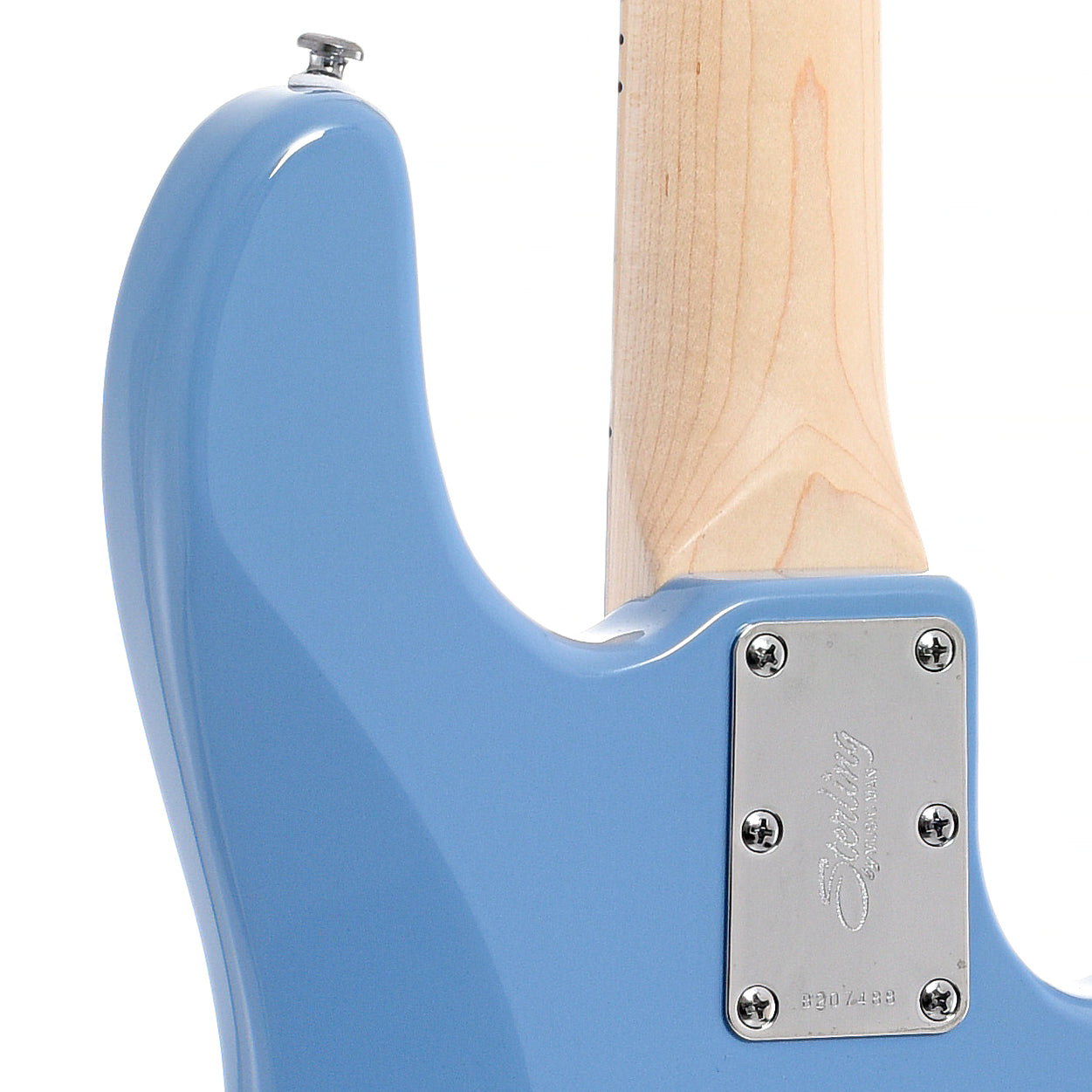 Neck joint of Sterling by Music Man RAY4LH Left Handed 4-String Bass, Chopper Blue