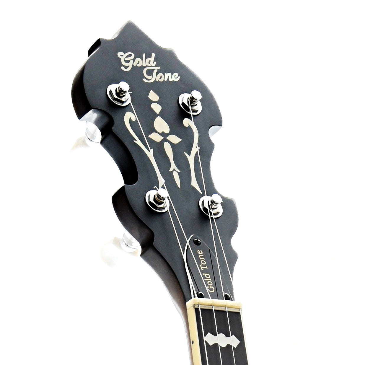 Front Headstock of Gold Tone Mastertone OB-150 Orange Blossom Resonator Banjo & Case, Shopworn
