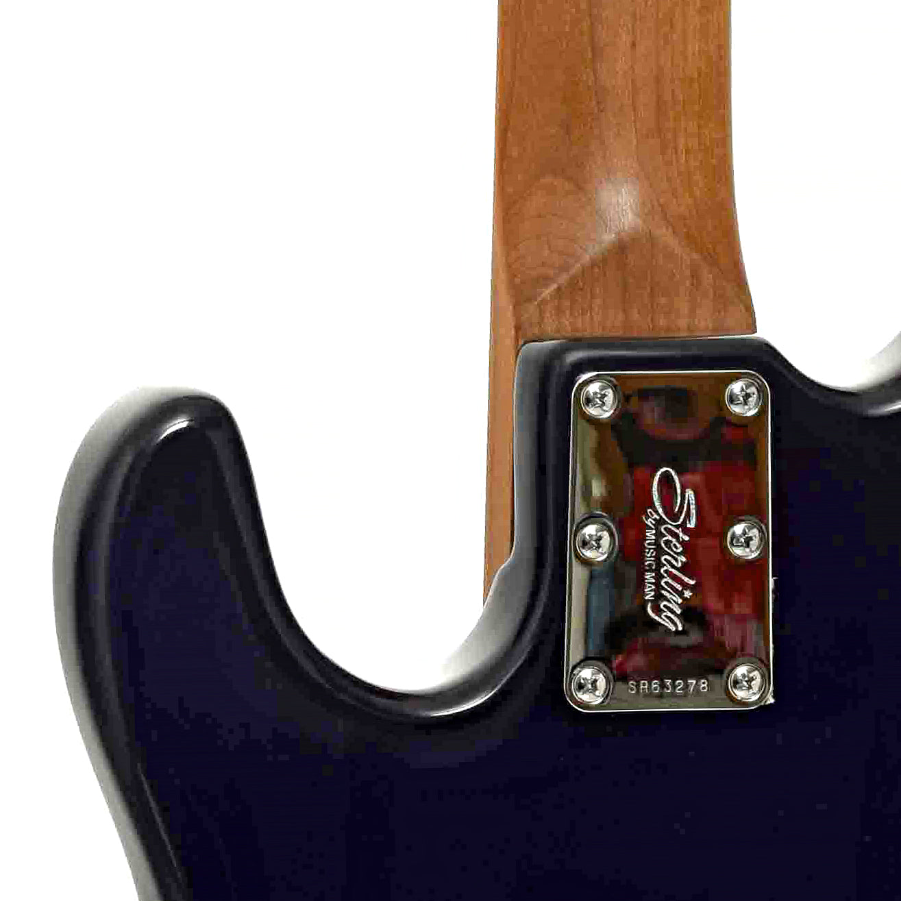 Neck joint of Sterling by Music Man StingRay34 Flamed Maple 4-String Bass, Neptune Blue (2022)