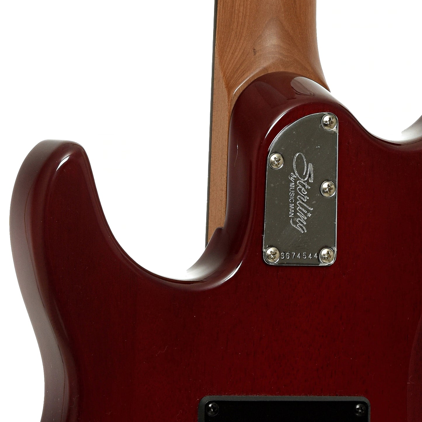 Neck joint of Sterling by Music Man Luke HSS Electric Guitar, Heritage Cherry Burst 
