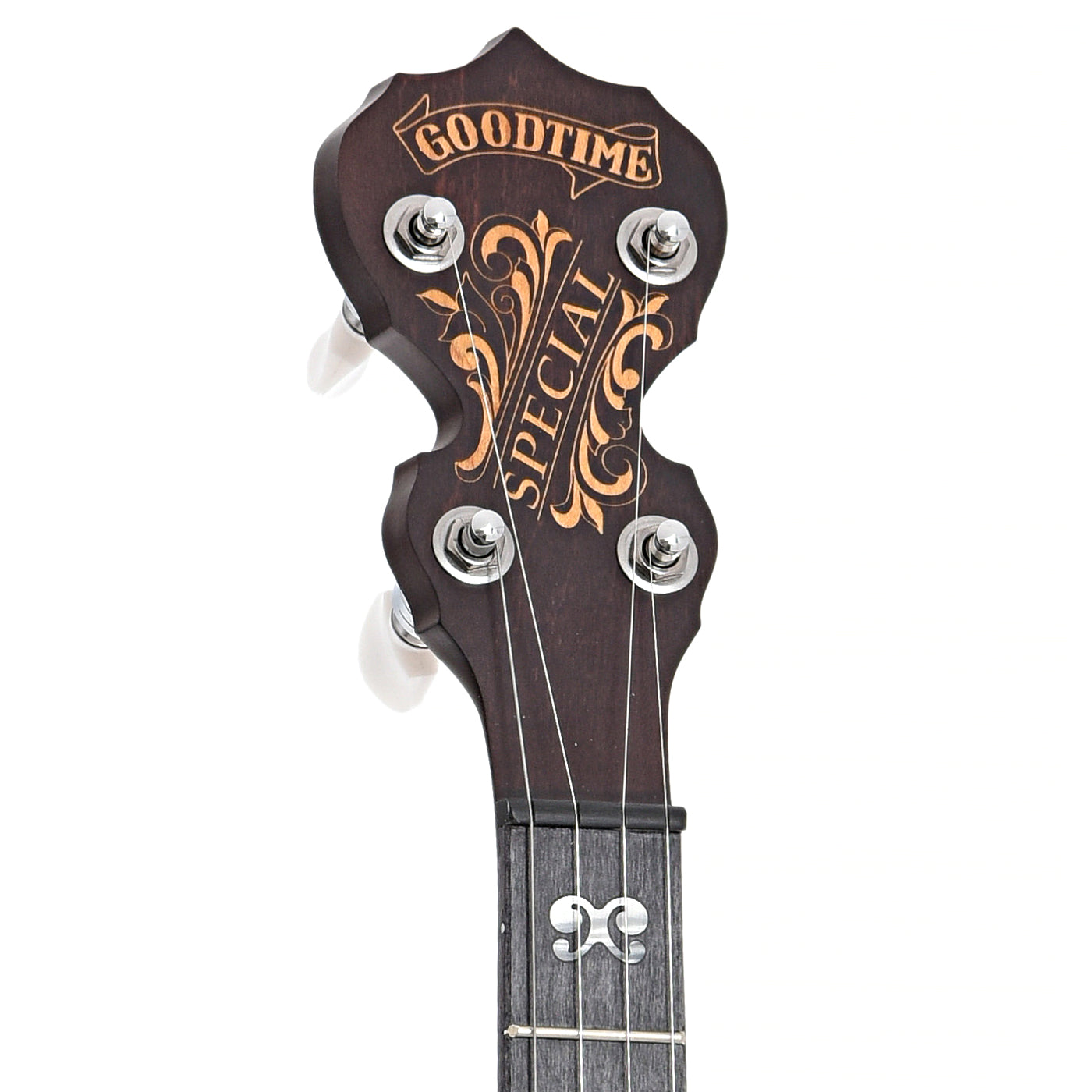 Front headstock of Deering Artisan Goodtime Special Resonator Banjo