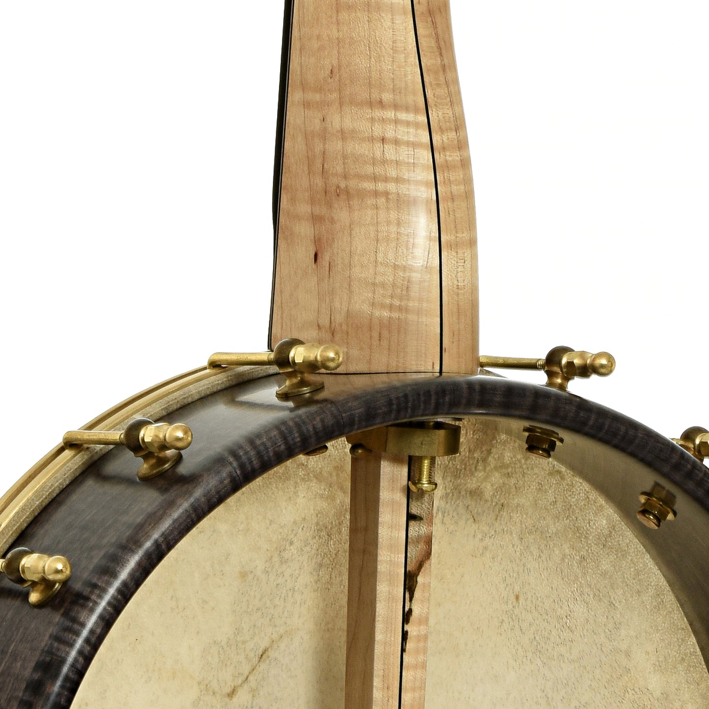 Neck joint of Chuck Lee Hawkins Spring 12" Fretless Openback Banjo, #876