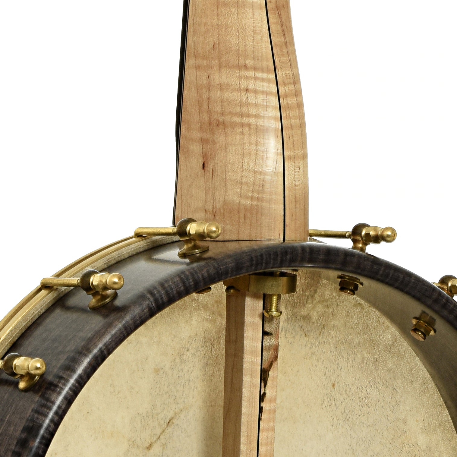 Neck joint of Chuck Lee Hawkins Spring 12" Fretless Openback Banjo, #876