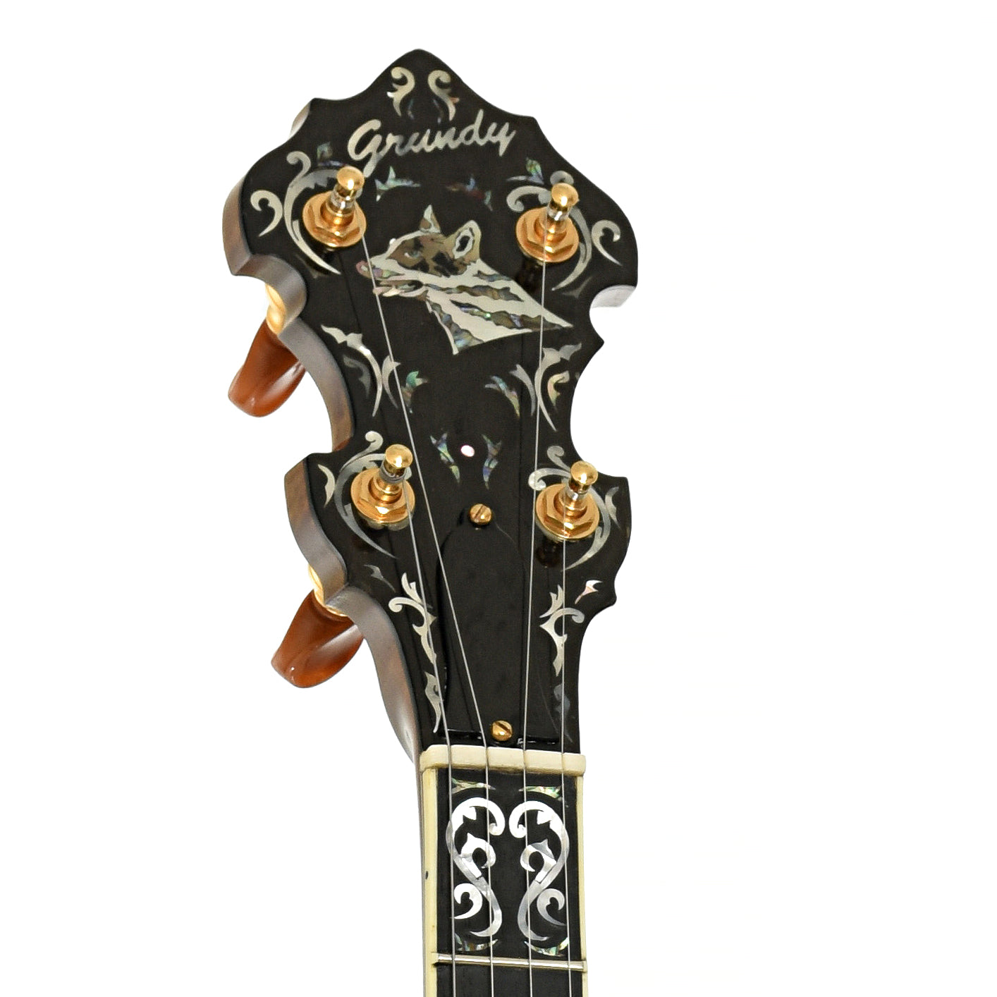 Headstock of Grundy Flintriver "Blue Heeler" Resonator Banjo 