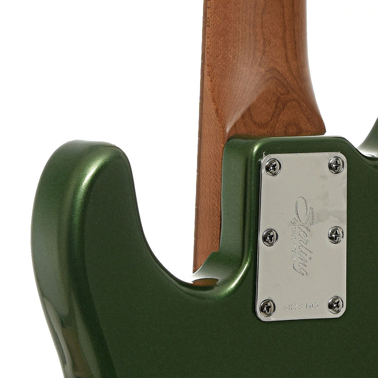 Neck joint of Sterling by Music Man Stingray Short Scale Electric Bass, Charging Green