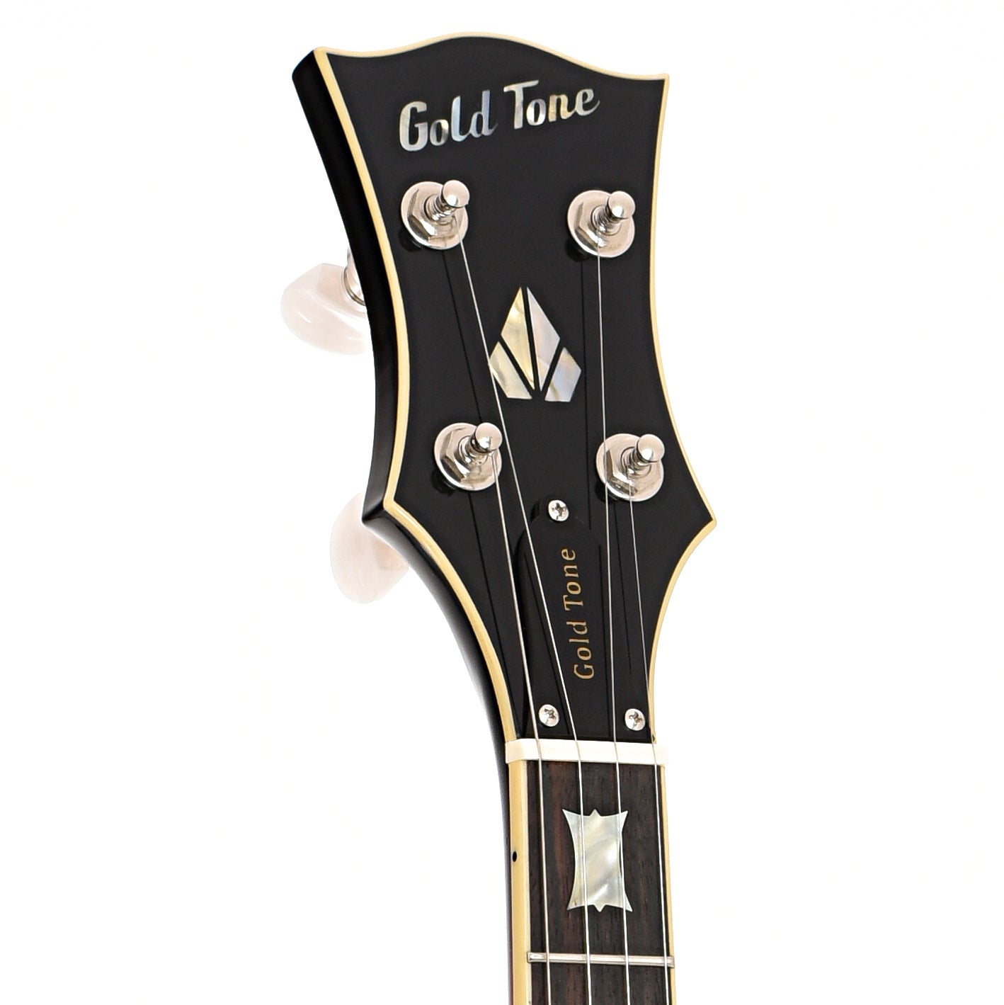 Front headstock of Gold Tone Mastertone OB-2 Bowtie Banjo