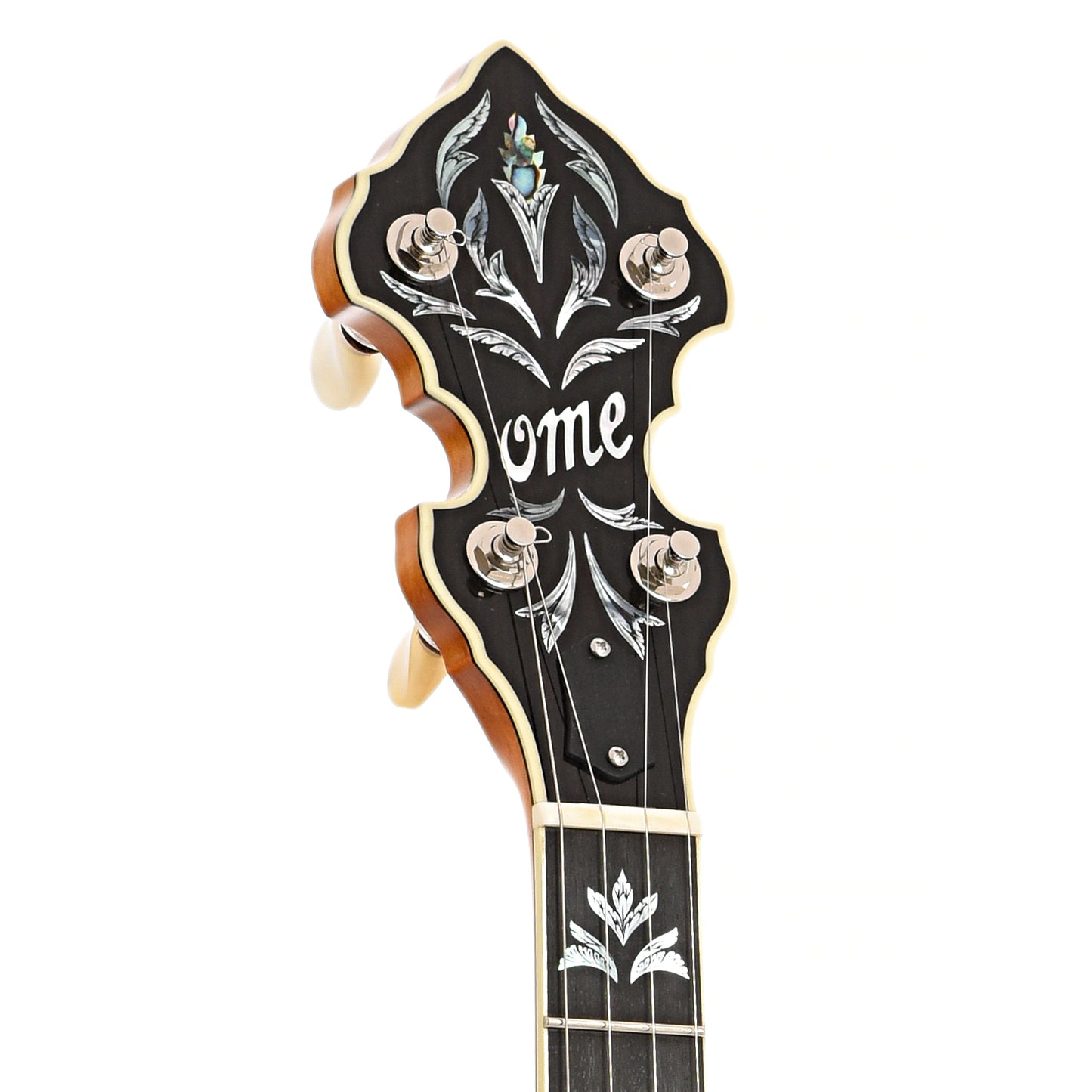 Front headstock of Ome Odyssey Custom Resonator Banjo