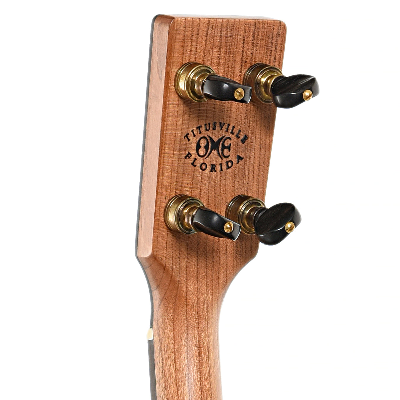 Back heradstock of Ome Tupelo Openback Banjo, 12" Rim, Cherry