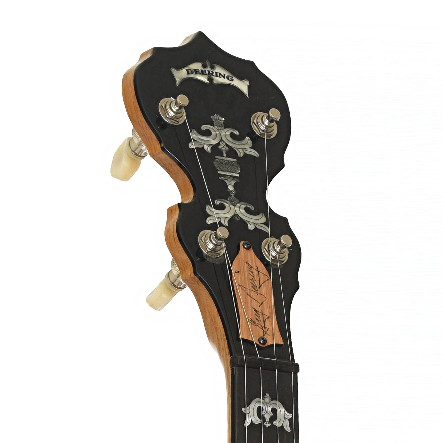 Headstock of Deering 40th Anniversary White Oak Resonator Banjo 