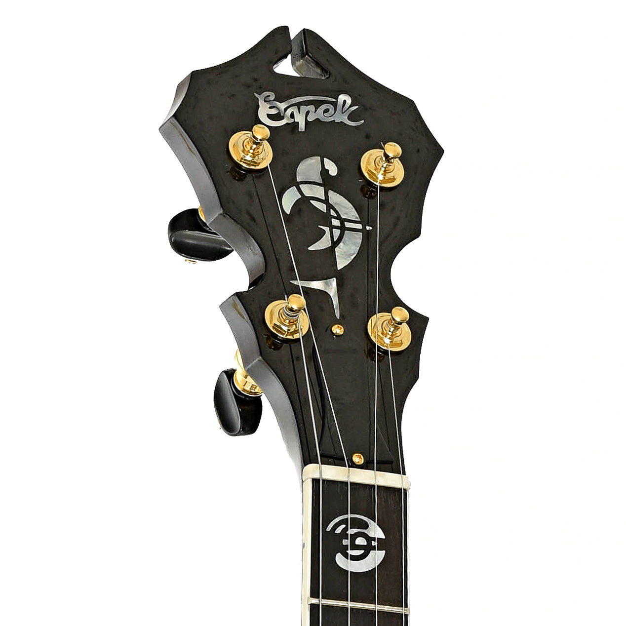 Headstock of Capek Allegoria Gold Banjo & Case, Flame Maple