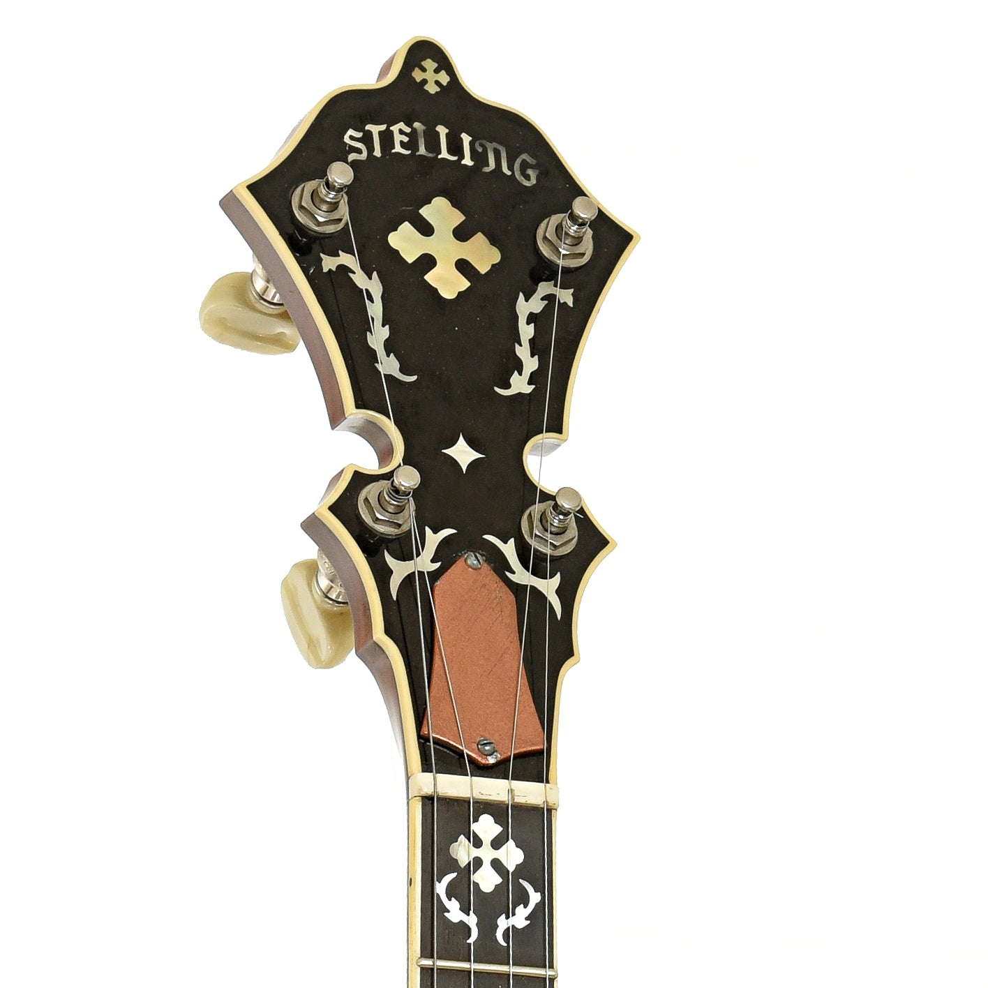 Headstock of Stelling Golden Cross Walnut Resonator Banjo