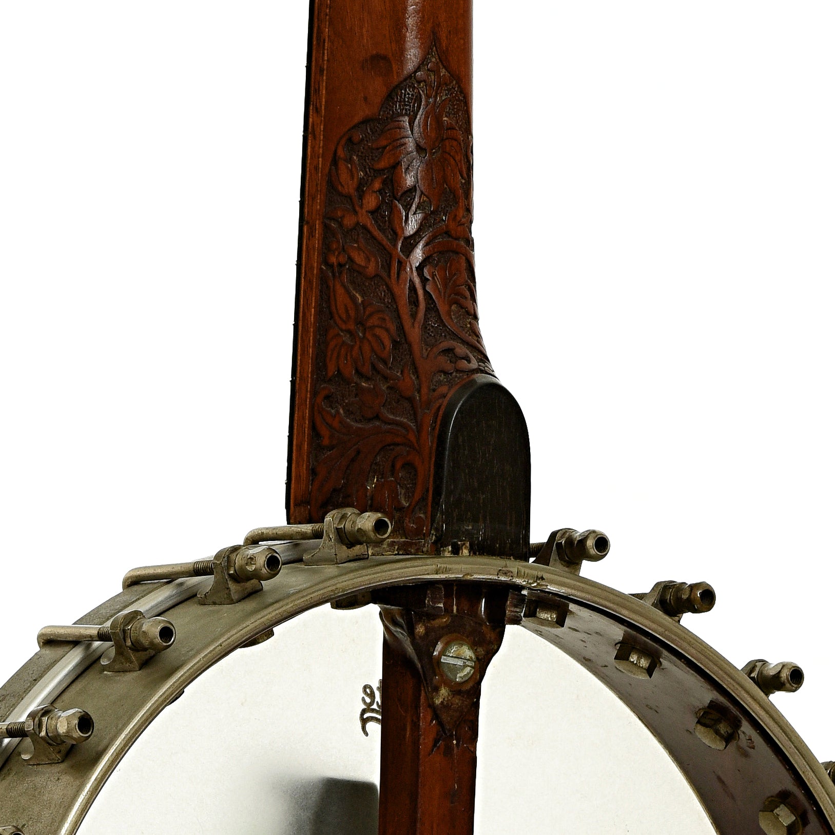 Neck joint of S.S. Stewart Universal Favorite No. 2 + Openback Banjo