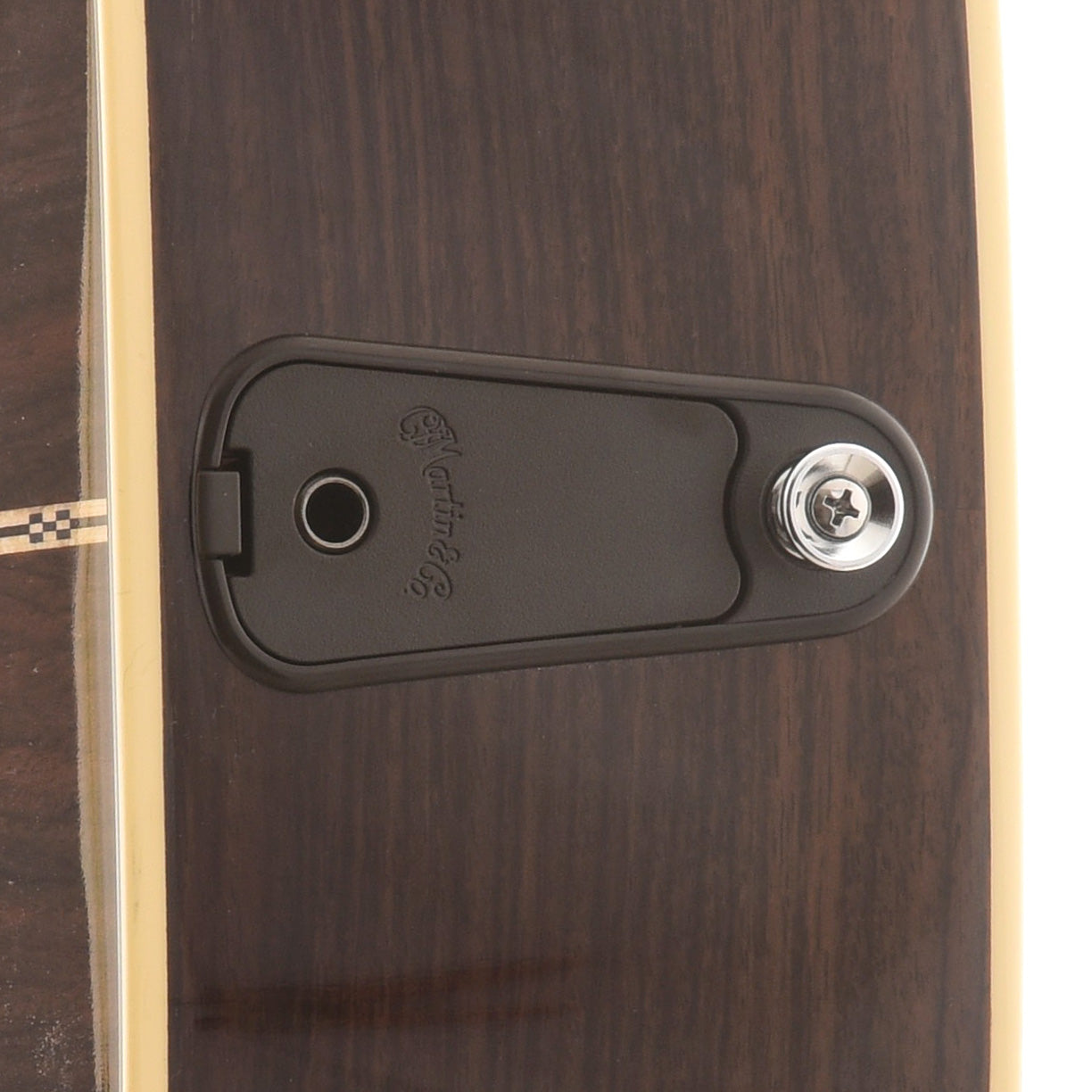 Output jack and easy-access battery box of Martin OM-28E Guitar 2024