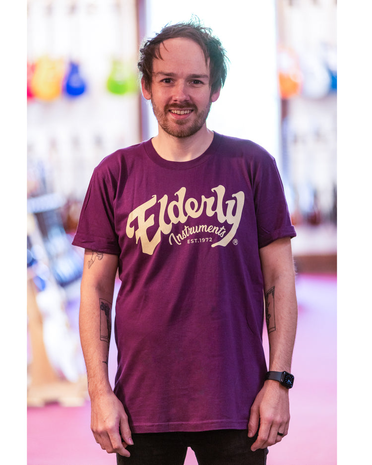 Jeffrey with Elderly Instruments 2-Sided Logo-Building Shirt, Eggplant Teeshirt