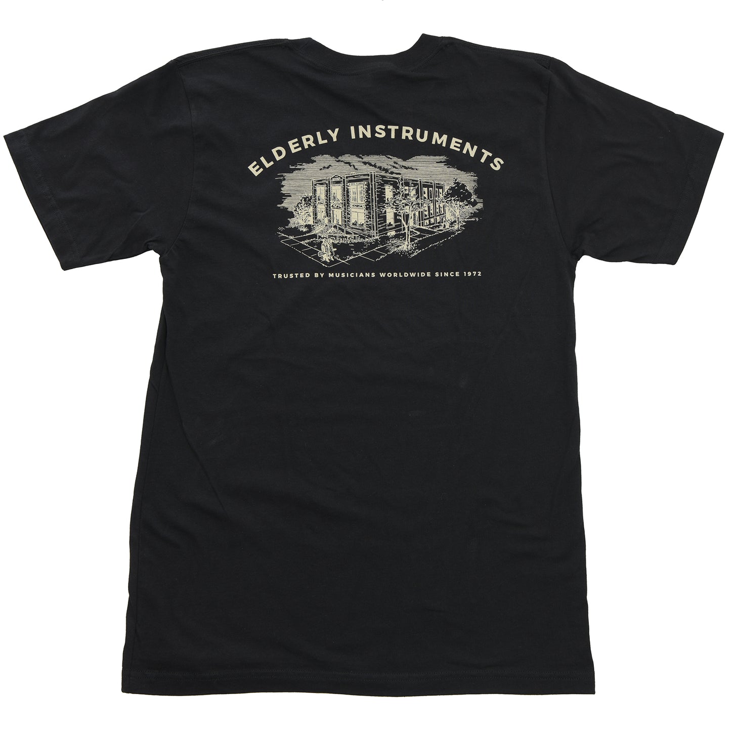 Back of Elderly Instruments 2-Sided Logo-Building Shirt, Black