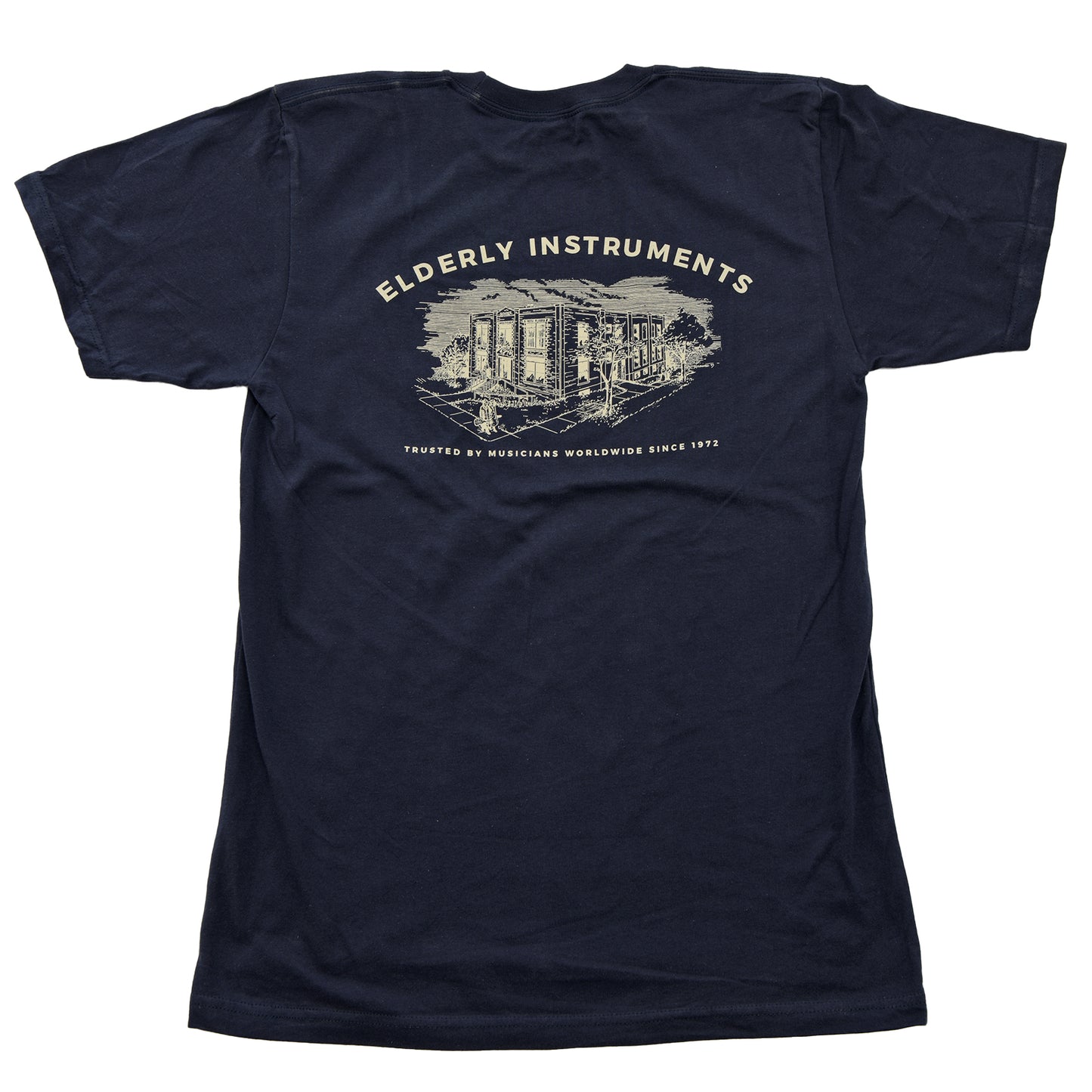 Elderly Instruments 2-Sided Logo-Building Shirt, Navy (Various Sizes)