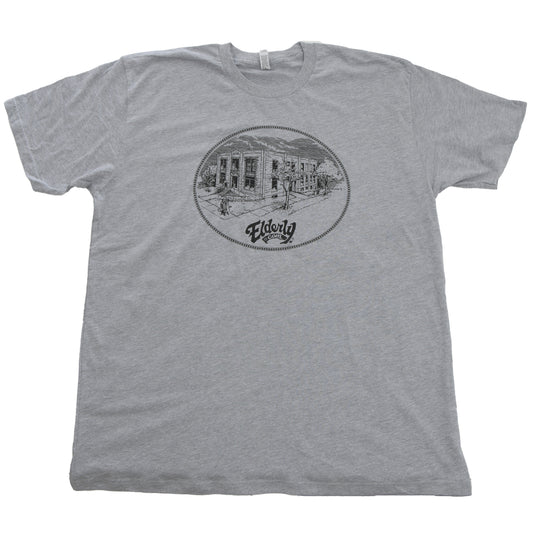 Front of Elderly Instruments Building Shirt, Heathered Grey