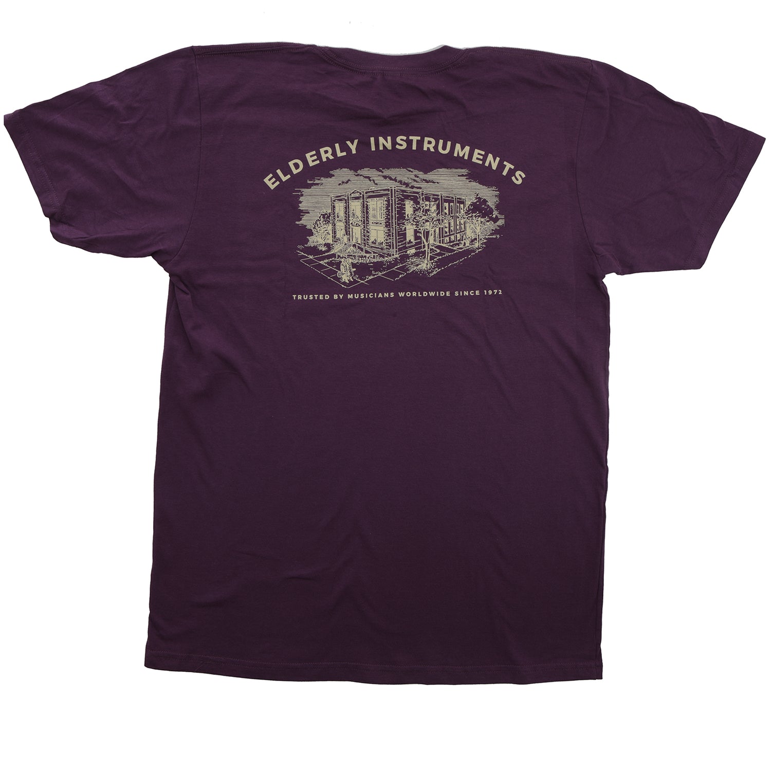 Back of Elderly Instruments 2-Sided Logo-Building Shirt, Eggplant