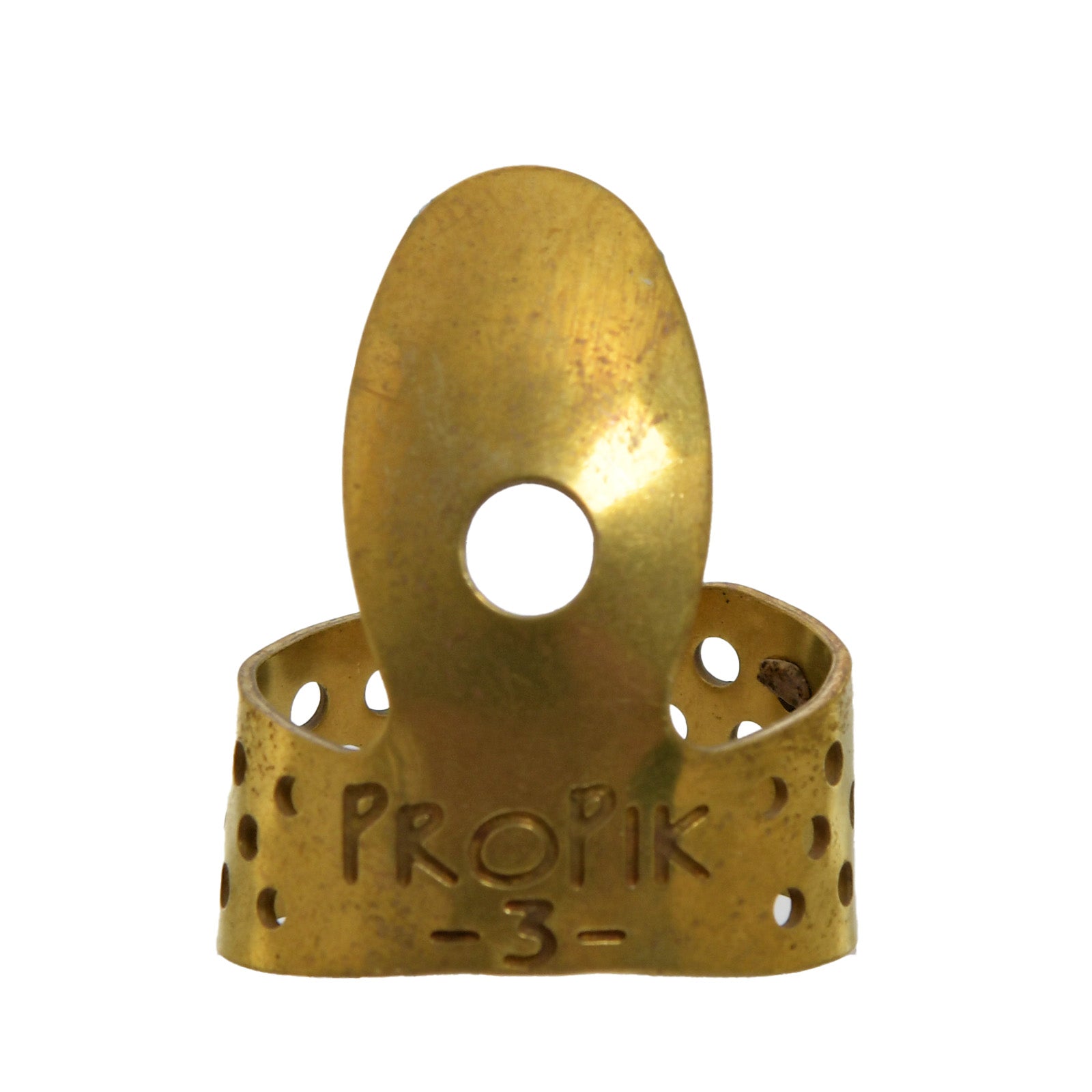 Front of Propik Brass Straight Fingerpick, Single Wrap, Blade 3