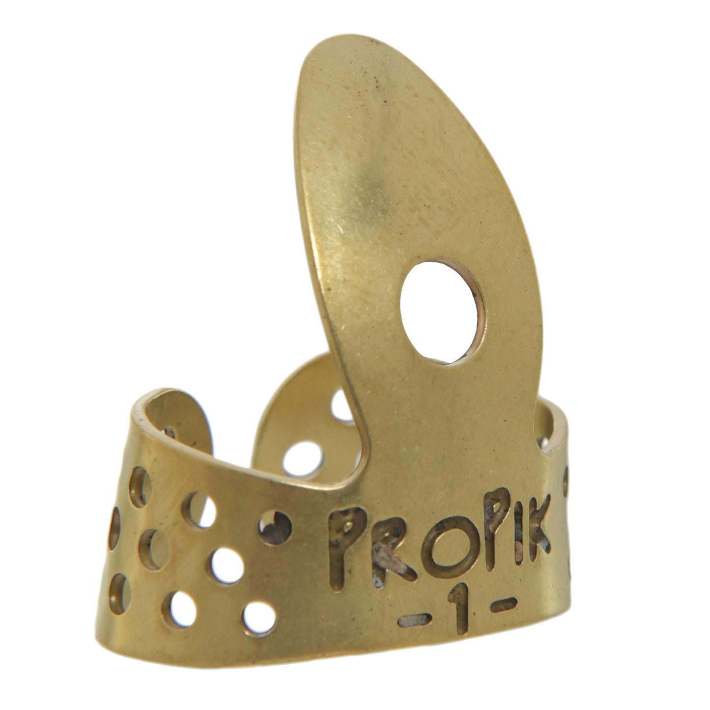Front of Propik Brass Straight Fingerpick, Single Wrap, Blade 1