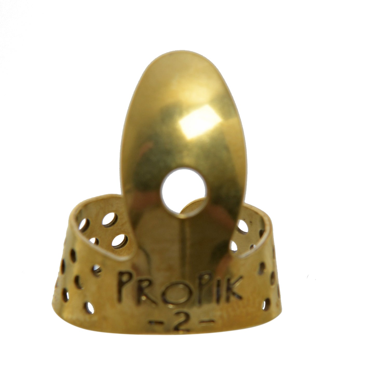 Front of Propik Brass Straight Fingerpick, Single Wrap, Blade 2