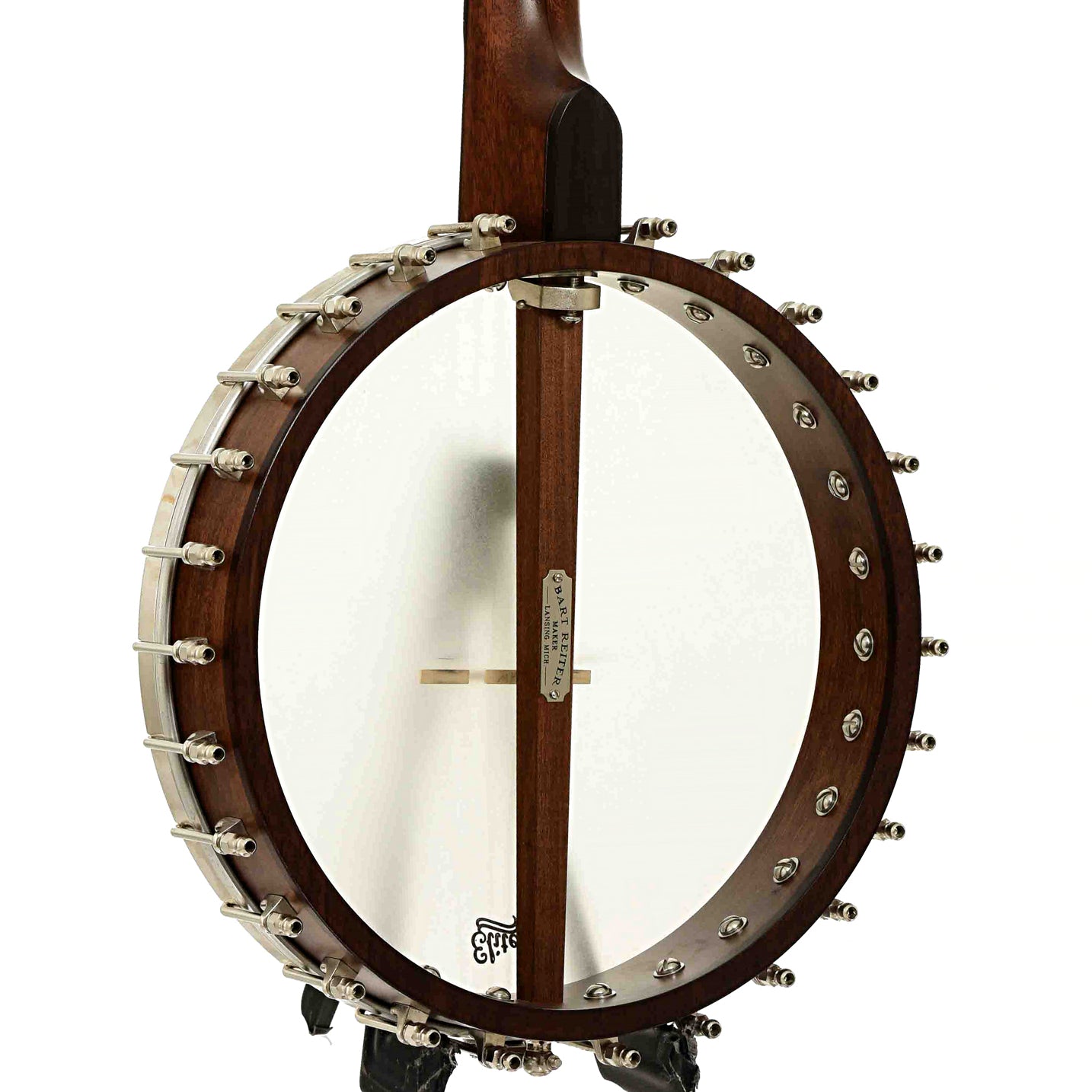 Back and side of Bart Reiter Round Peak Open Back Banjo