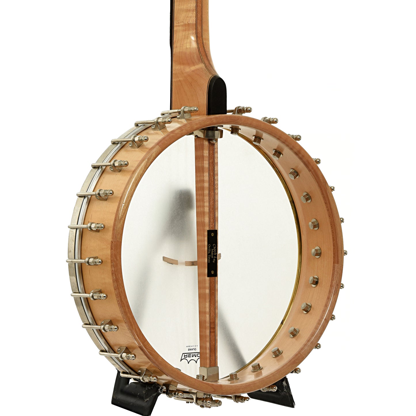Back and  side of Chuck Lee Prairieville Custom Open Back Banjo 