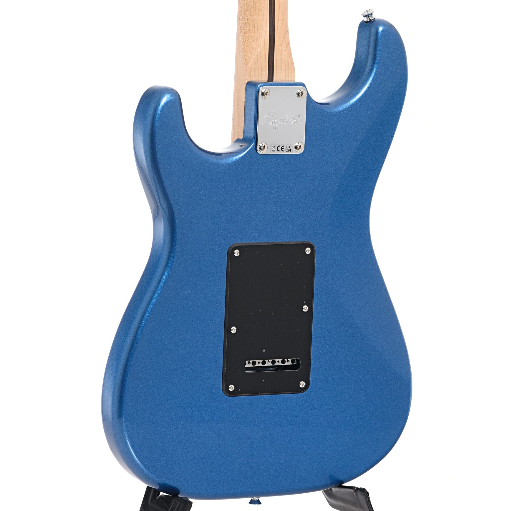 Back and side of Squier Affinity Series Stratocaster, Lake Placid Blue