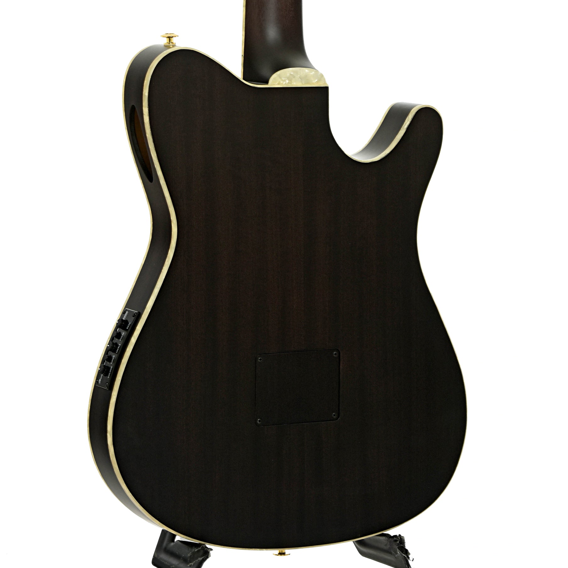 Back and side of Ibanez TOD10NL Tim Henson Signature Acoustic-Electric Nylon String Guitar - Left Handed, Transparent Black Flat