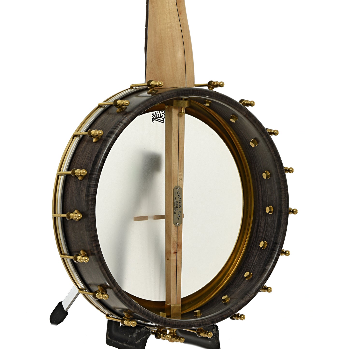 Back and side of Chuck Lee Cottonwood 12" Openback Banjo #873