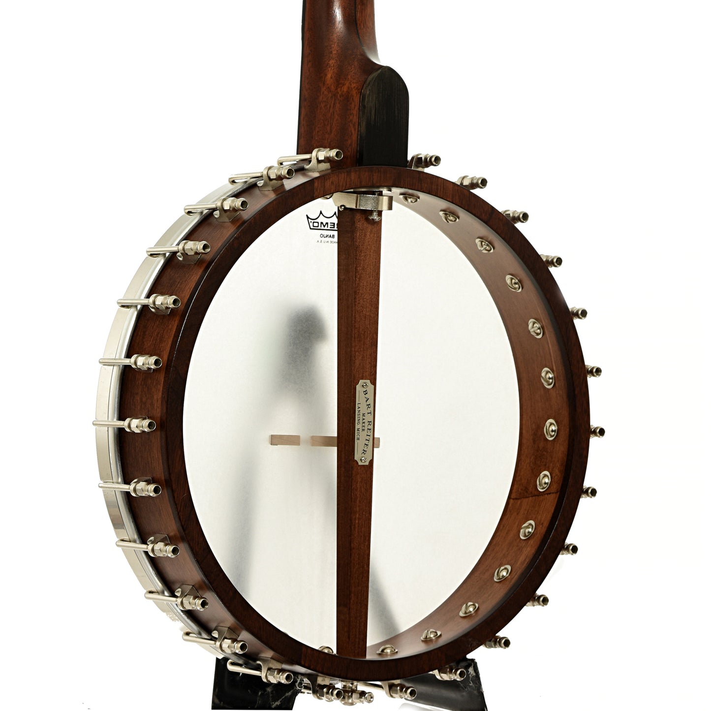 Back and side of Bart Reiter Round Peak Open Back Banjo
