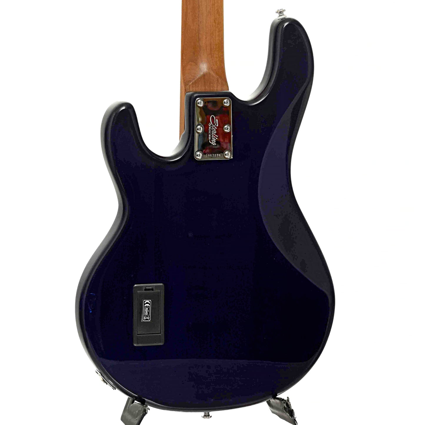 Back and side of Sterling by Music Man StingRay34 Flamed Maple 4-String Bass, Neptune Blue (2022)