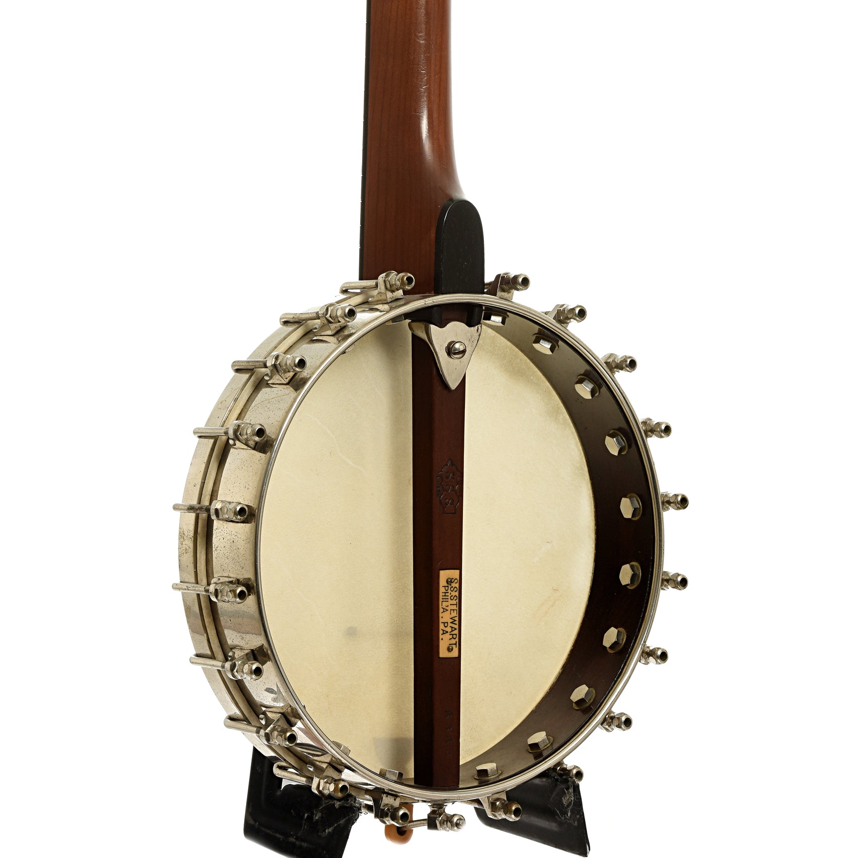 back and side of S.S. Stewart Lady Stewart Openback Banjo