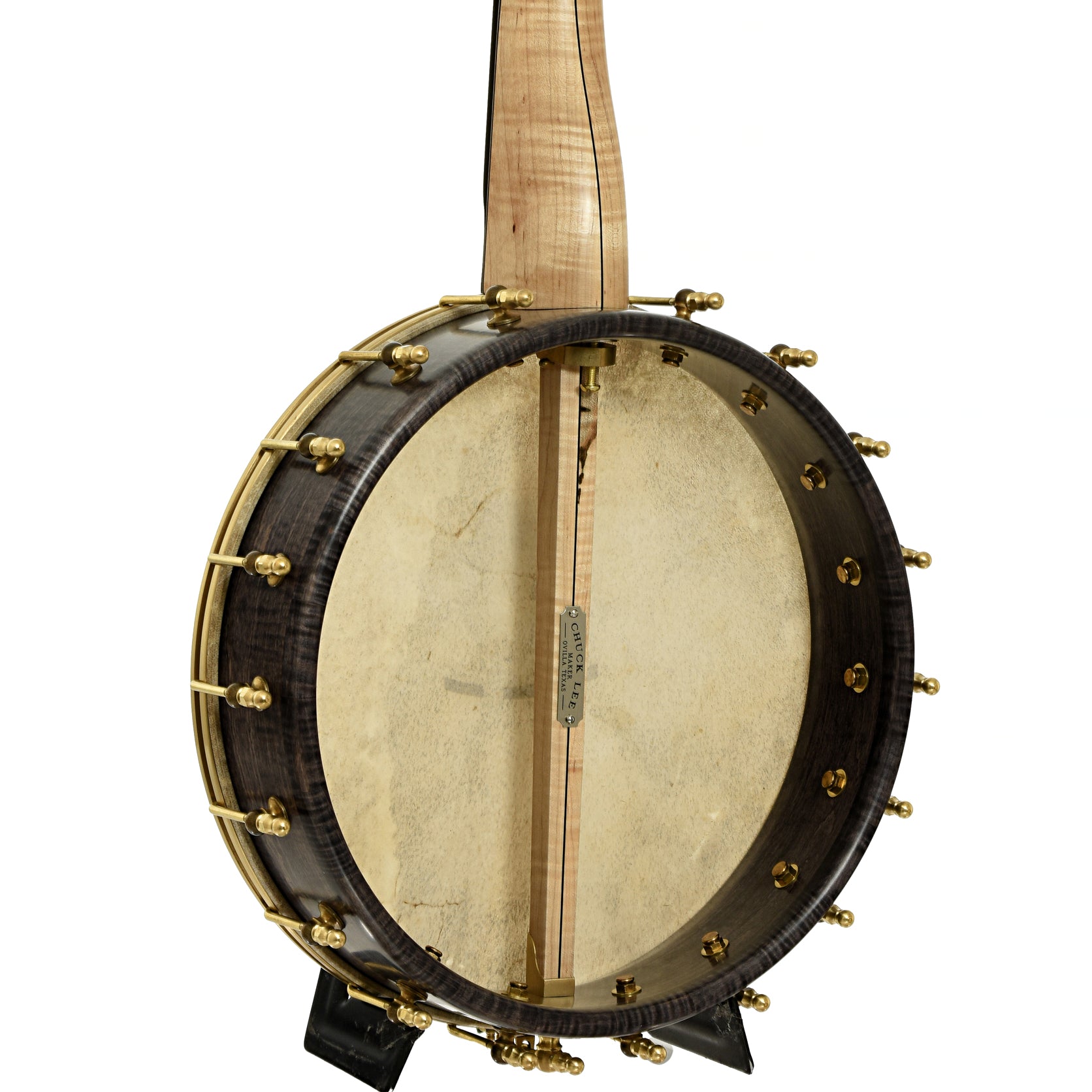 Back and side of Chuck Lee Hawkins Spring 12" Fretless Openback Banjo, #876 