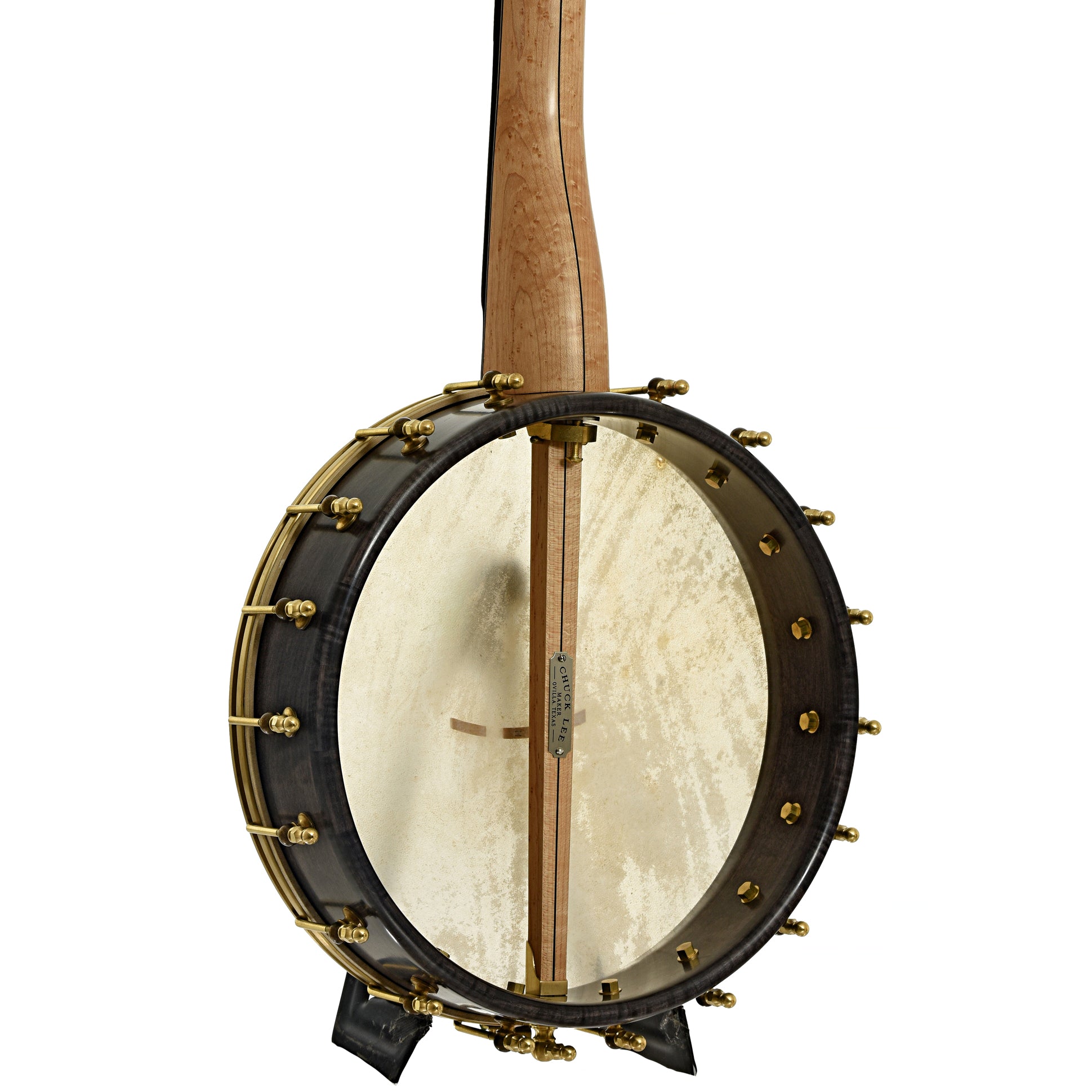 Back and side of Chuck Lee Deep Hollow 12" Fretless Openback Banjo #875