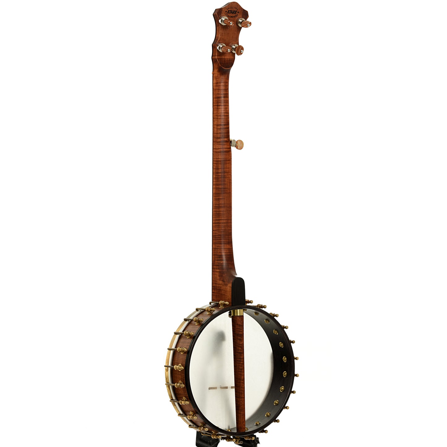 Full back and side of Starr Limited Edition Banjos 11" Curly Maple Open-back Banjo